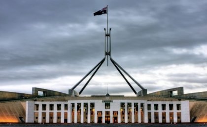 Parliament House, Canberra under a cloudy sky. Adobe